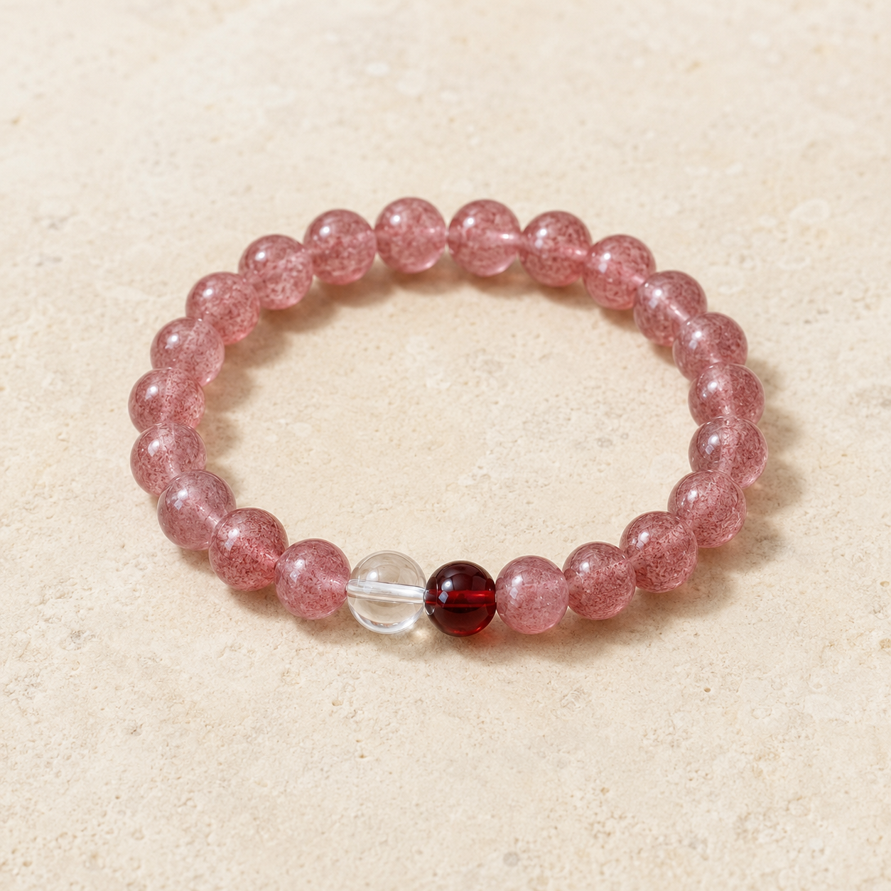 Handmade Strawberry Quartz, Clear Quartz & Garnet Bracelet worn on wrist