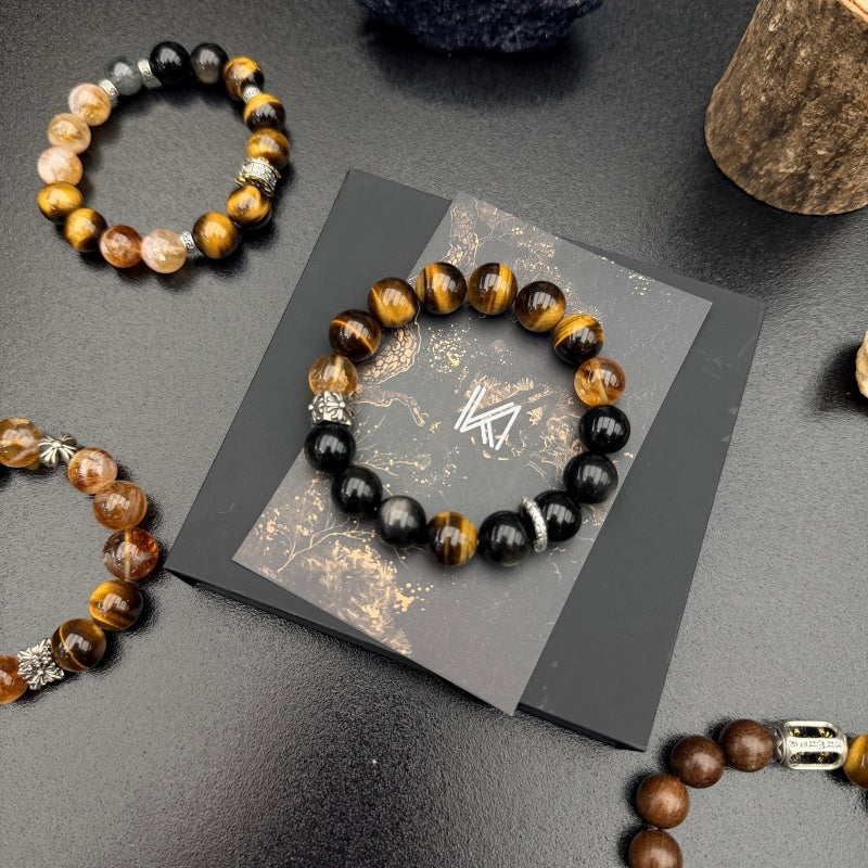 Tiger Eye and Black Obsidian bracelet on black display card