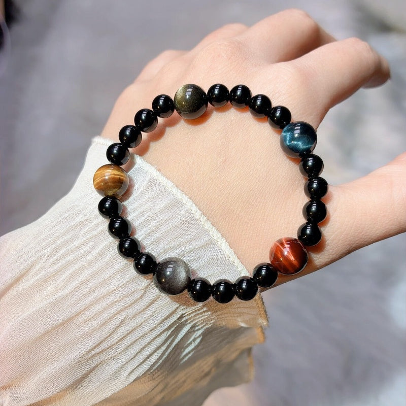 Black Obsidian & Multi-Color Tiger Eye Bracelet – Protection, Courage & Good Luck
