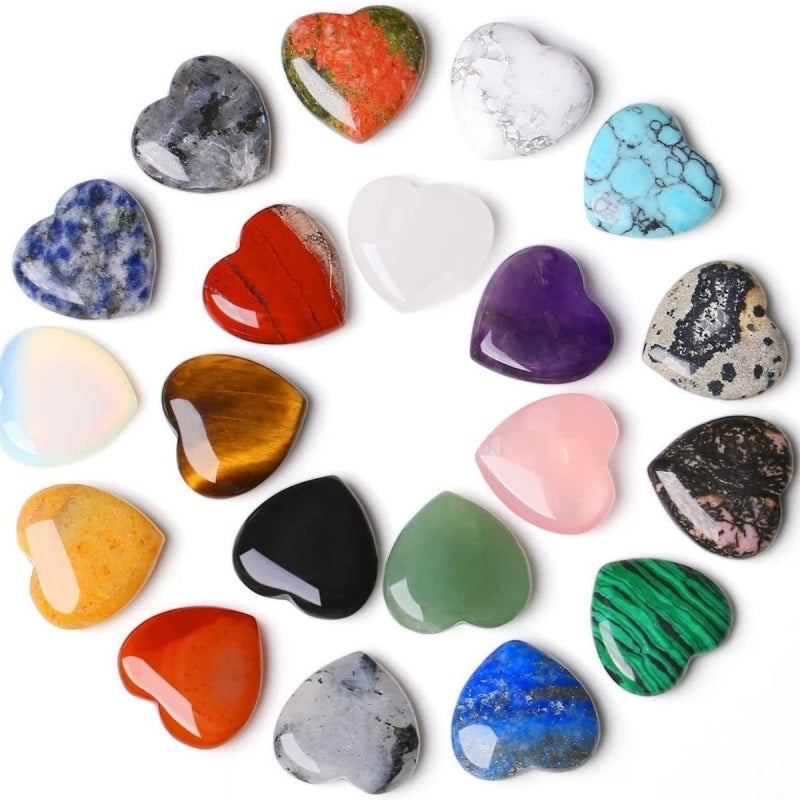 18 mixed crystal heart stones variety