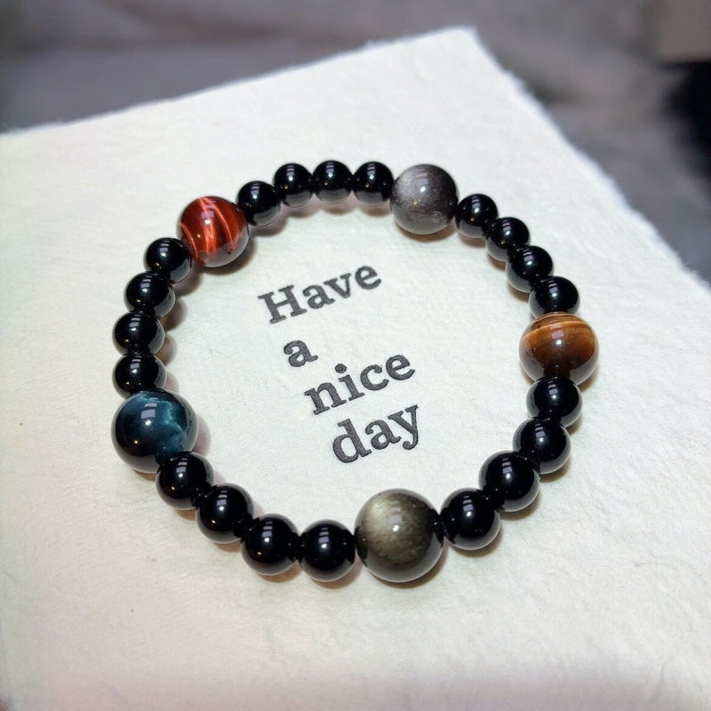 Black Obsidian & Multi-Color Tiger Eye Bracelet – Protection, Courage & Good Luck