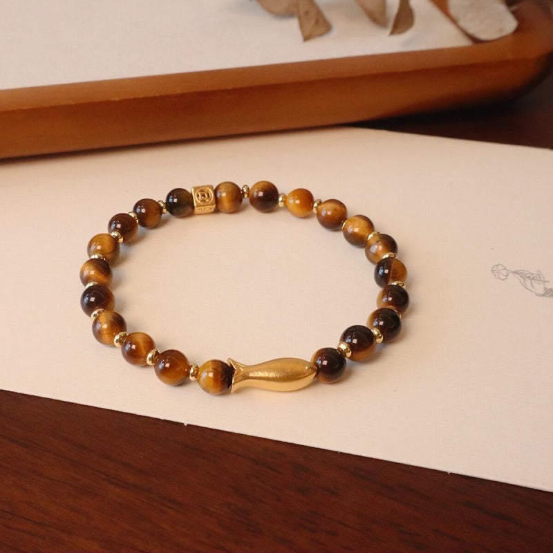 Tiger Eye Gold Fish Bracelet close-up on wrist