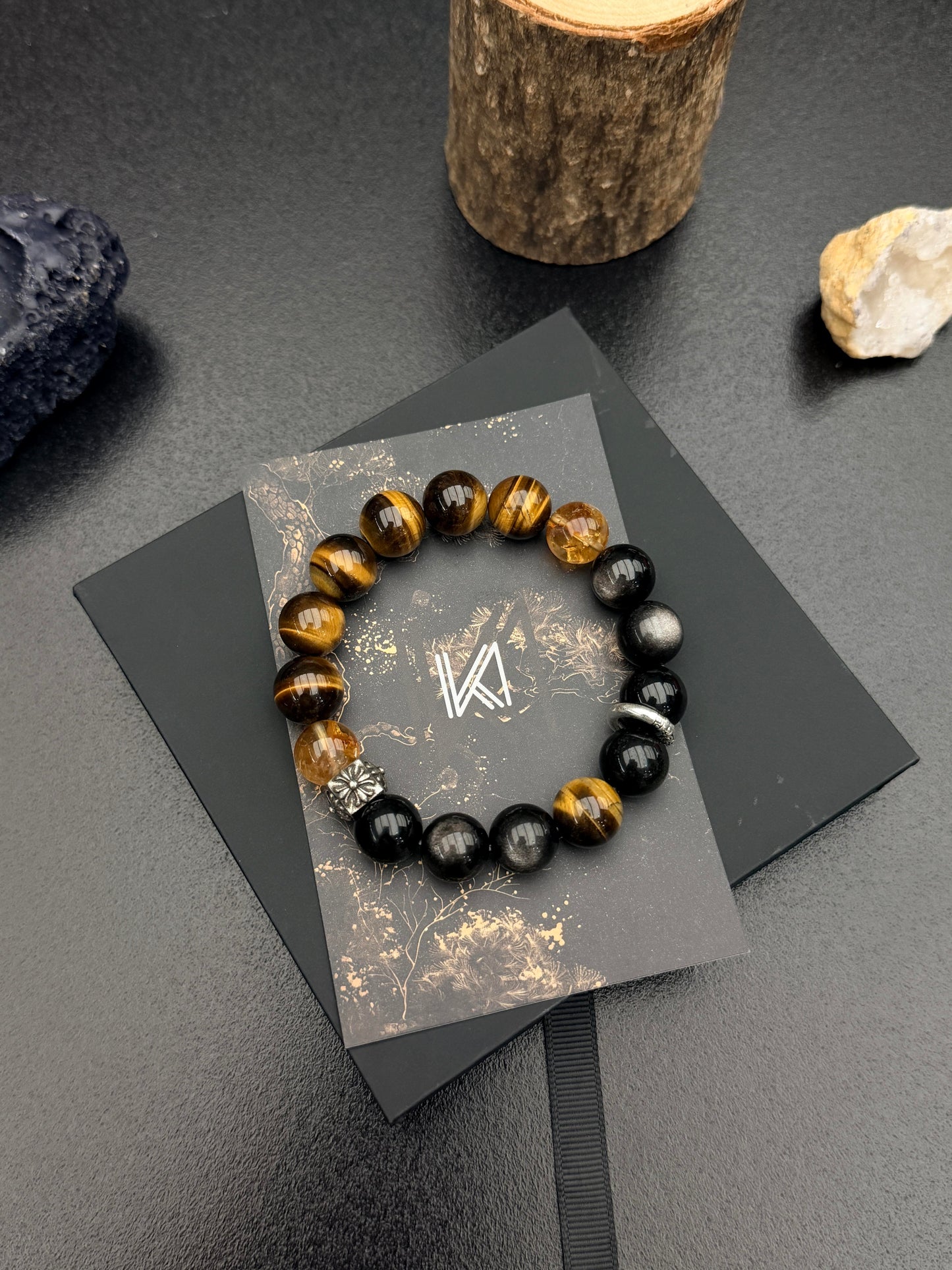 Tiger Eye and Black Obsidian bracelet on gift card close-up