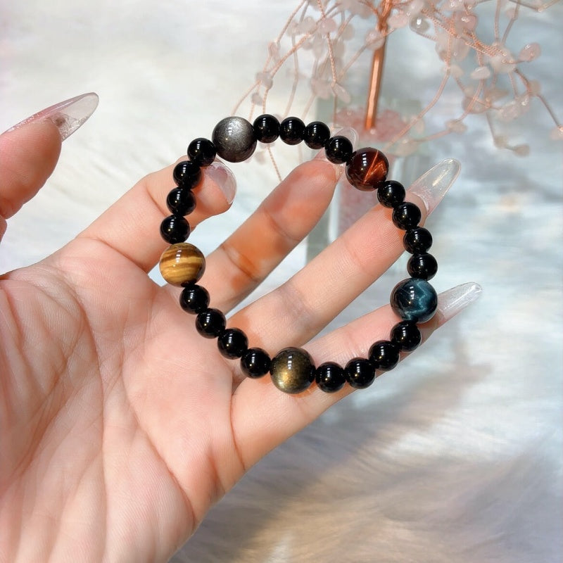 Black Obsidian & Multi-Color Tiger Eye Bracelet – Protection, Courage & Good Luck