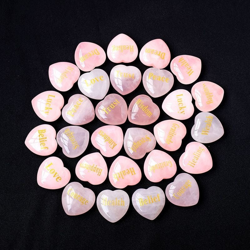 12 rose quartz hearts with gold affirmation engravings