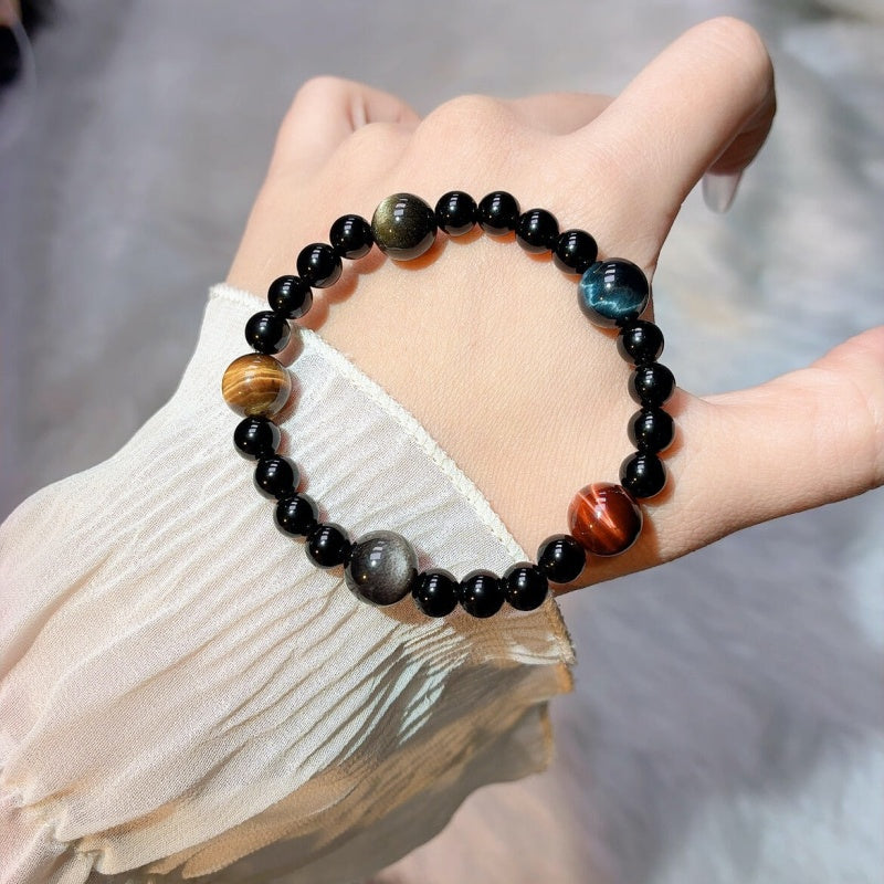 Black Obsidian & Multi-Color Tiger Eye Bracelet – Protection, Courage & Good Luck