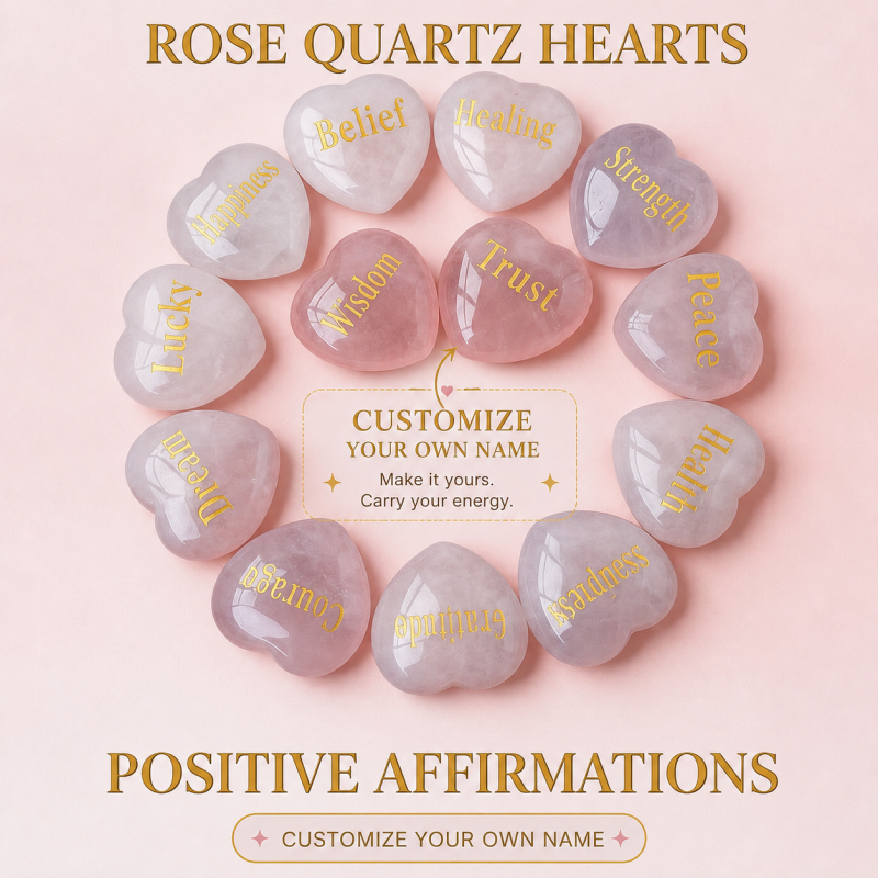 Natural Rose Quartz Heart Palm Stone – Customize Your Own Name