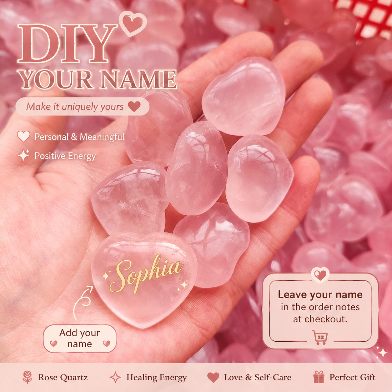 Natural Rose Quartz Heart Palm Stone – Customize Your Own Name