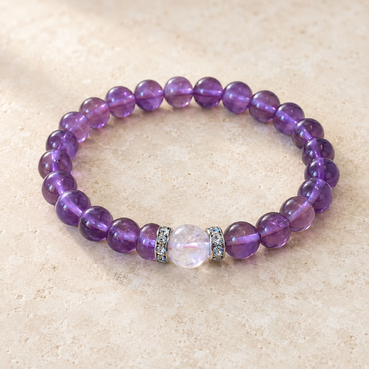 Handmade Amethyst & Crackle Clear Quartz Manifestation Bracelet worn on wrist
