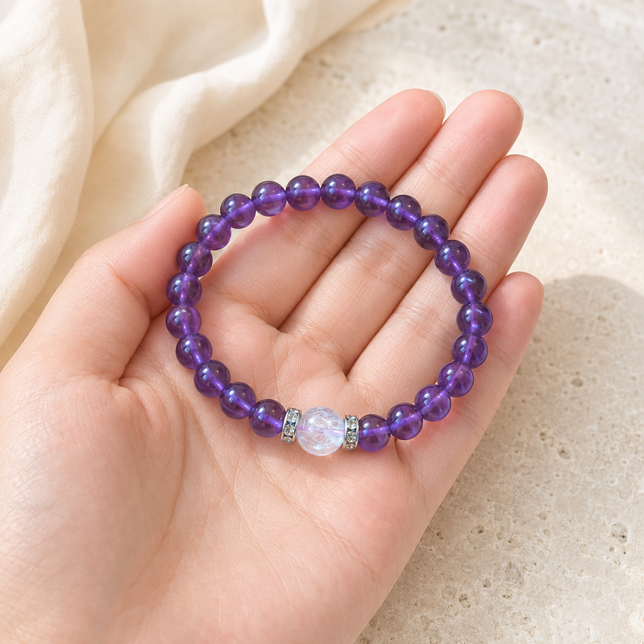 Two amethyst and clear quartz bracelets together