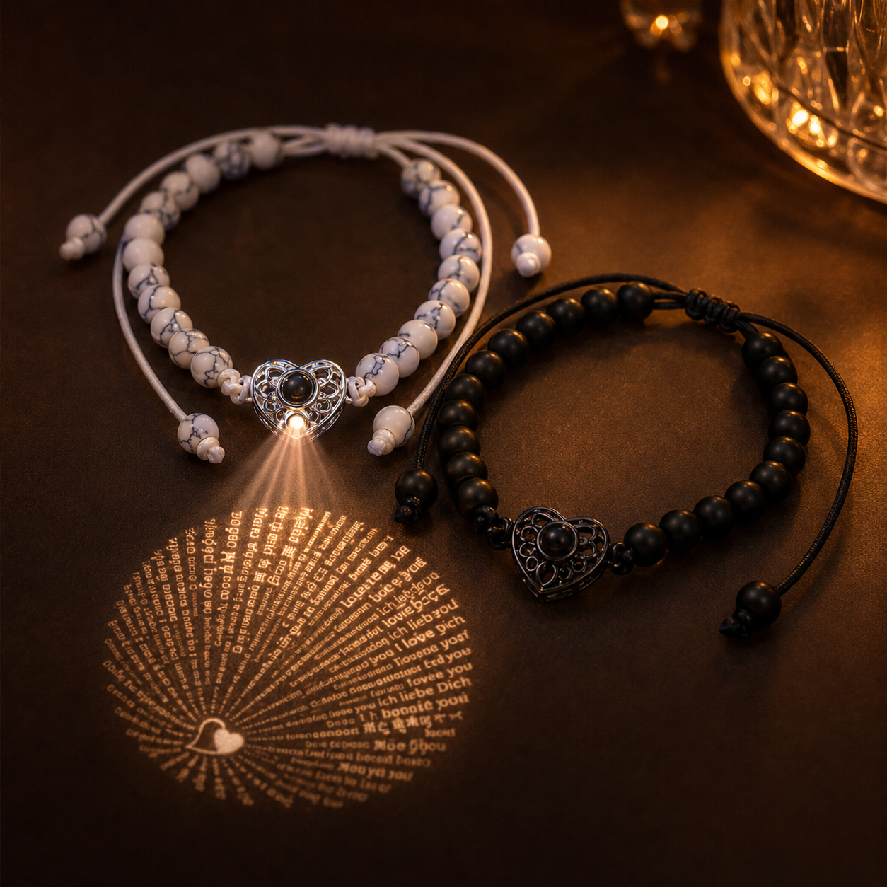 Adjustable beaded bracelet with sliding cord and heart charm