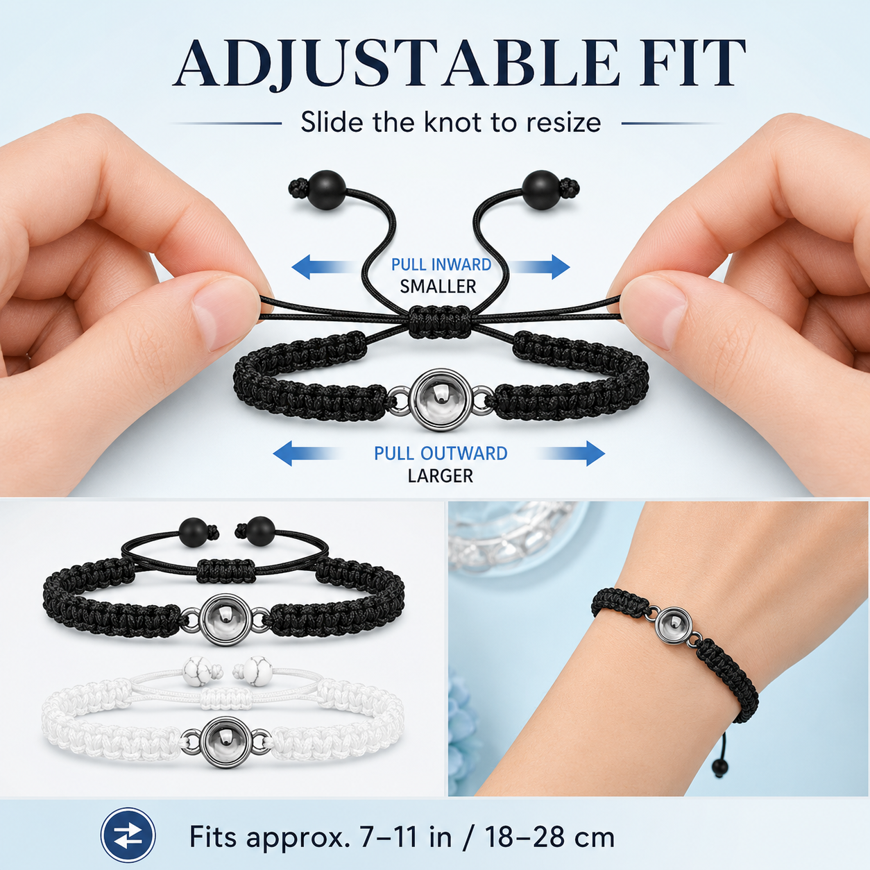 Adjustable fit diagram showing how to slide the knot to resize the bracelet, fits 7 to 11 inches