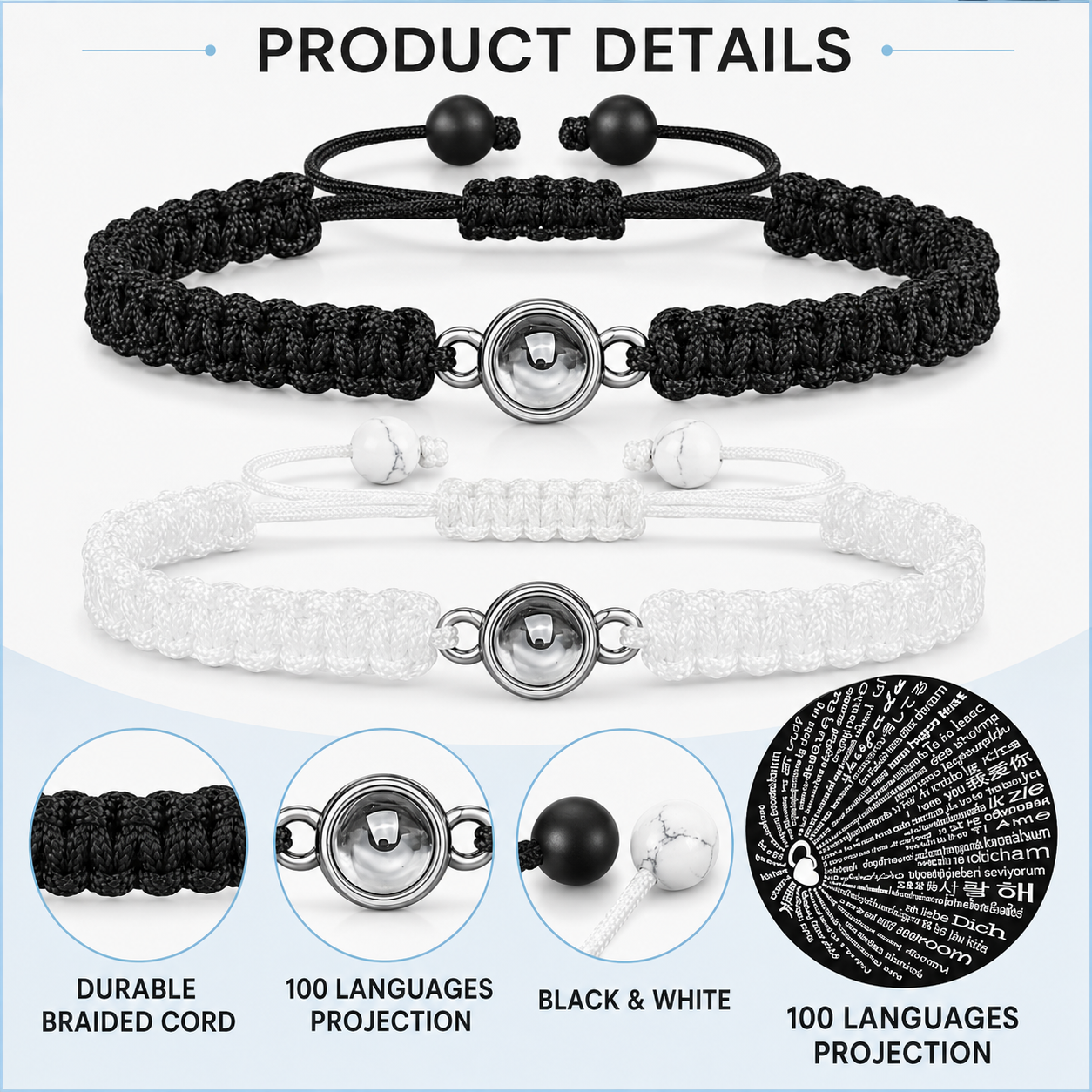Black and white couple projection bracelets displayed on a gift card reading For You For Me Always