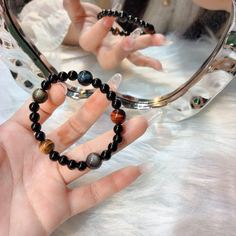 Black Obsidian & Multi-Color Tiger Eye Bracelet – Protection, Courage & Good Luck