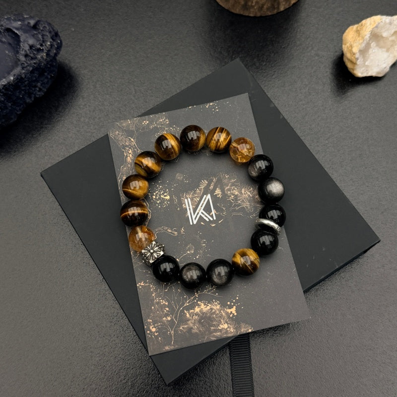 Tiger Eye and Black Obsidian bracelet on gift box with crystals