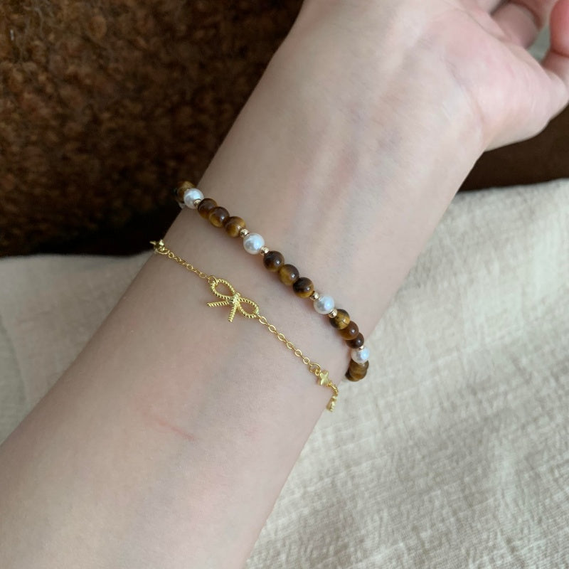 4mm Tiger Eye Pearl Bracelet - multiple stacked