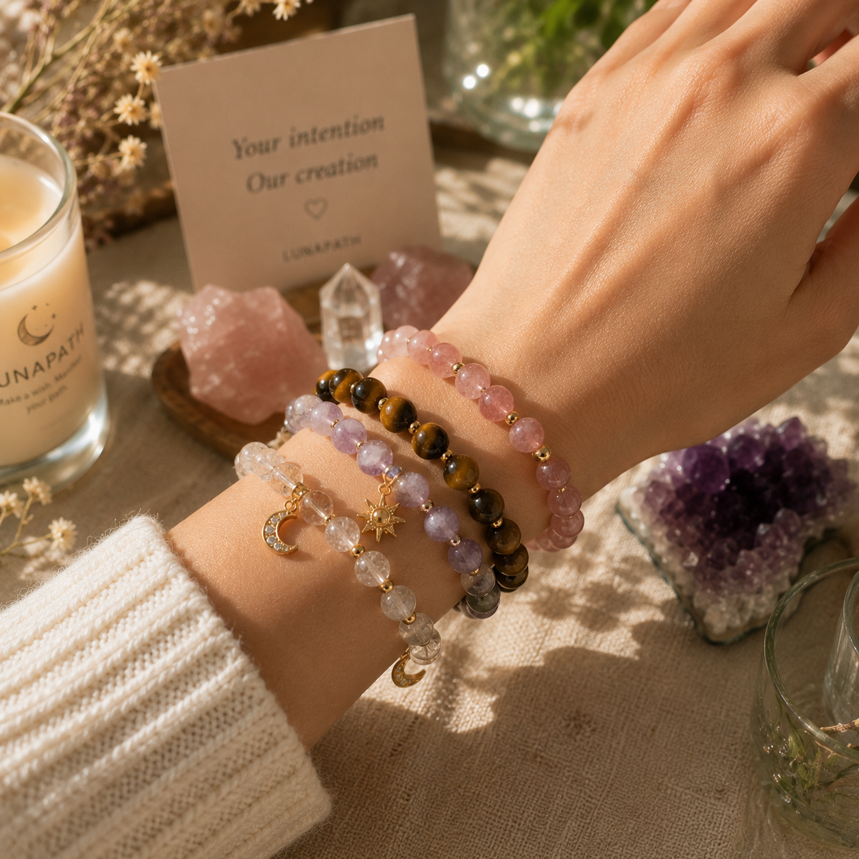 Custom crystal bracelet made just for you – intention card and finished bracelet